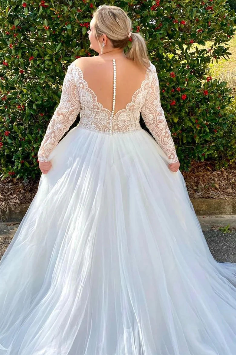 Vestido de novia de encaje con escote en V profundo, manga larga y espalda descubierta